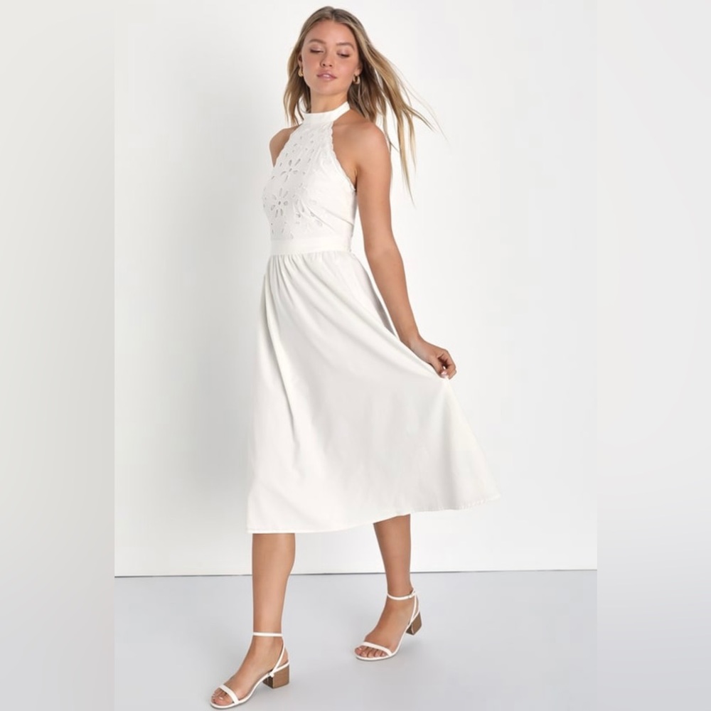 NWT Ivory Embroidered Belted Halter Midi Dress